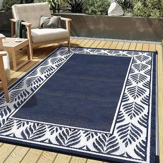 HUGEAR Outdoor Plastic Straw Rug, Waterproof Mat, Washable Large Floor Mat and Rug for Outdoors, RV, Beach, Patio, Camping, Backyard, Deck, Picnic, Outside (5x8ft,Olive-Leaf/Dark Blue&White)