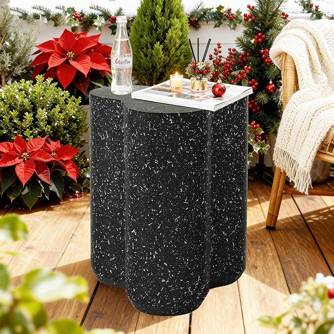 18" Modern Outdoor Side Table, Durable Lightweight MGO Faux Terrazzo Patio Accent Table, Black Coffee Table, 3-in-1 Weatherproof End Table Garden Stool for Garden, Balcony, Poolside Decor