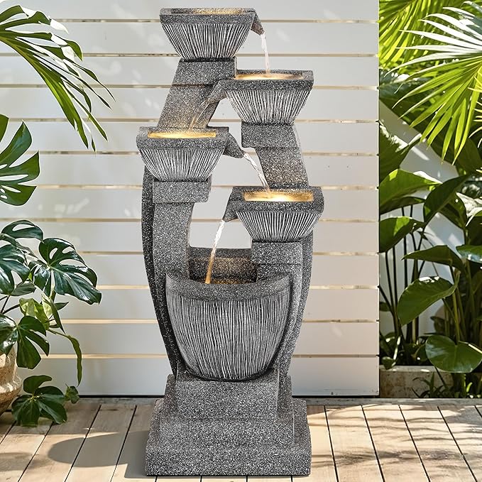 40.5" Outdoor Fountain, Four-Column & Bowls Water Feature with LED Lights, Modern Resin Soothing Cascading Waterfall for Patio, Backyard, Garden or Porch