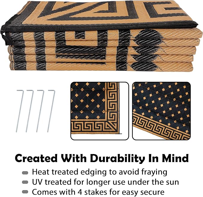 SAND MINE Reversible Mats, Plastic Straw Rug, Modern Area Rug, Large Floor Mat and Rug for Outdoors, RV, Patio, Backyard, Deck, Picnic, Beach, Trailer, Camping (9' x 12', Brown & Black)