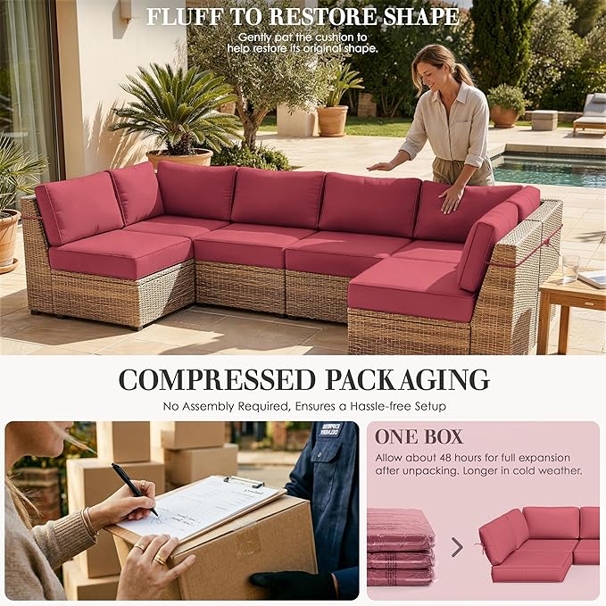 Outdoor Replacement Cushions for Patio Furniture, 5" Foam High-Density, 14-Piece Water-Resistant Outdoor Cushion for 6-Seat Sectional Patio Conversation Sets, Liner&Cover