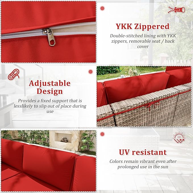 Patio Furniture Cushions, Replacement Outdoor Cushions for 4-Seat Patio Furniture, Waterproof Cushions for Outdoor Sectional Sofa Couch, Red