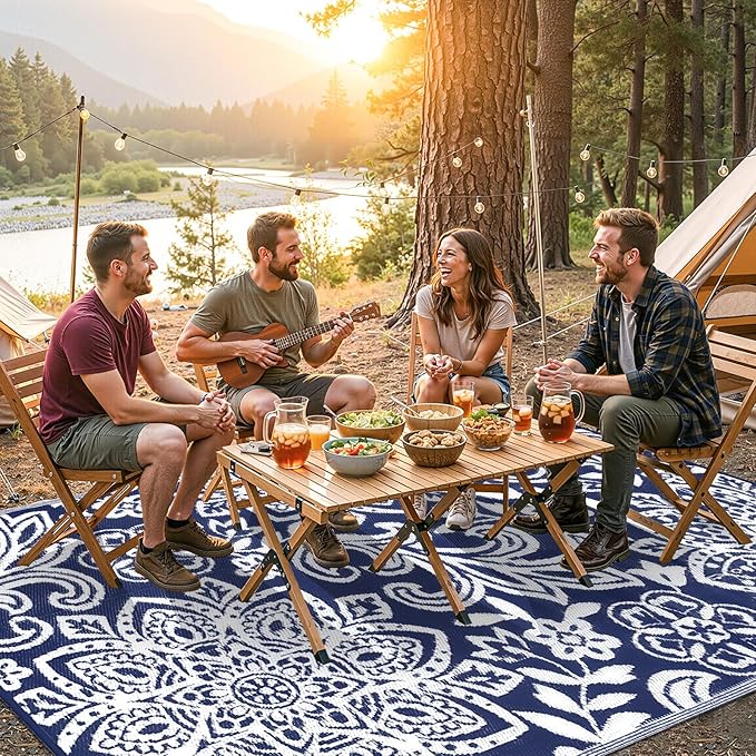 Findosom Waterproof Outdoor Rug 5' x 8' - Reversible Mandala Outdoor Plastic Straw Rug, Durable Foldable Patio Rug for RV, Deck, Balcony, Backyard, Picnic, Porch, Camping, Beach, Navy