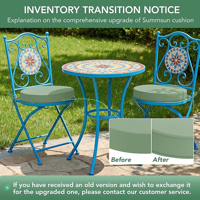 Outdoor Bistro Chair Cushions Set of 2, 15" D x 3" H Round Chair Cushions Waterproof and Fade Resistant Chair Cushion Pads with Non-Slip Ties and Removable Covers for Garden, Sage Green