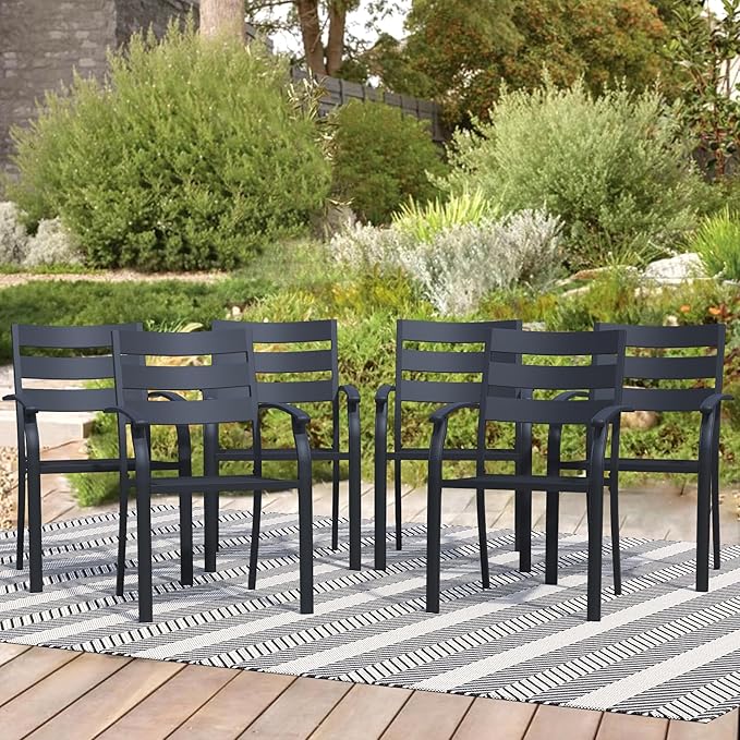 Patio Dining Chairs Set of 6, Black Stackable Outdoor Dining Chairs, Metal Patio Furniture Set for Garden Backyard Lawn Deck Support Over 300 lbs