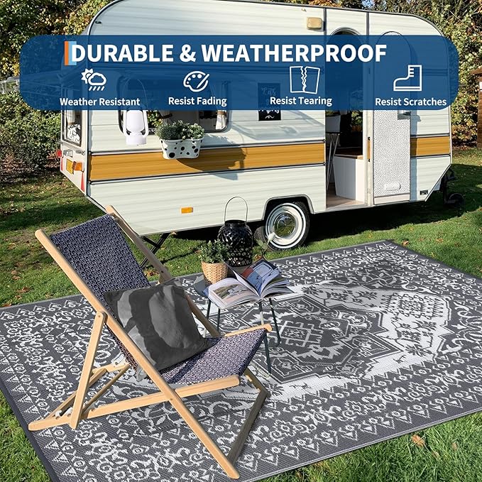 COZYLOOM 8x10 Outdoor Rug Waterproof Reversible Plastic Straw Mat, Large Vintage Medallion Patio Area Rug for Deck, Balcony, Pool, Camping, Beach, Picnic, Indoor/Outdoor Use