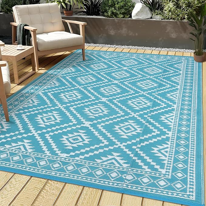 GAOMON Outdoor Waterproof Rug 9x12 Reversible Plastic Straw Rug Modern UV Resistant Carpet, Large Foldable Lightweight Floor Mat for Backyard, Camping, Bench, Picnic, Deck, Teal/White(Modern)