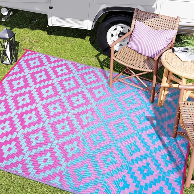 Wonnitar 8x10 Outdoor Rug, Large Waterproof Reversible Plastic Straw Rug for Patios, Indoor/Outdoor Area Rug Lightweight Camping Rug for Outside RV Balcony Garden Deck, Blue/Purple