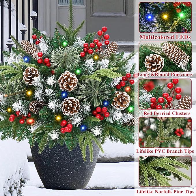 Waipfaru 2 Pack Prelit Planter Bushes, Outdoor Christmas Urn Filler with Lights, 22 Inch Artificial Christmas Tree for Front Porch, Pot, Holiday Planter Filler Outdoor