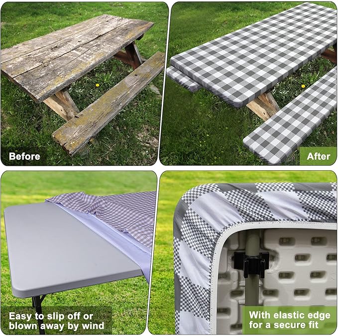 Picnic Table Cover with Bench Covers 6FT 3 Pcs Waterproof Windproof Aesthetic Camping Tablecloth with Drawstring Bag, Fitted for 6 Foot Rectangle Tables and Seats, 72 inch, White Grey Checkered