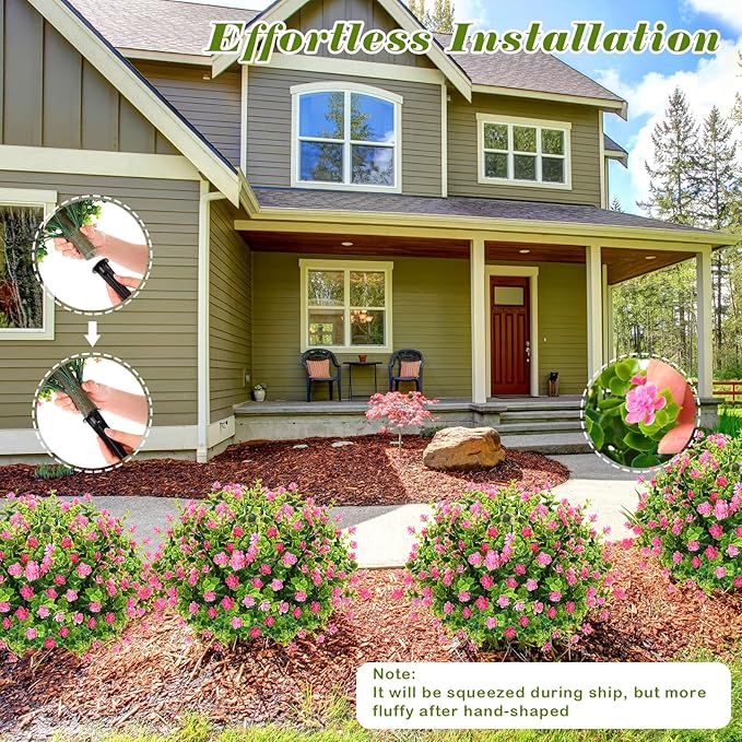 Yunlly 2 Pcs Outdoor Artificial Topiary Ball Trees 22" with Colorful Flowers, Boxwood Fake Bushes Shrubs with Spike, UV Resistant Evergreen Plants for Front Porch Garden Decor (Light Pink)