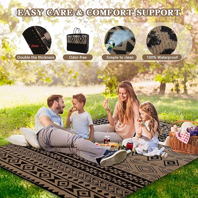 Wallona Outdoor Rugs 8x10 ft Patio Waterproof Clearance Indoor Outdoor Large Carpet for Patio Plastic Straw Reversible Area Rugs Mat for RV, Camping, Balcony, Beach, Picnic, Porch, Boho Black & Brown
