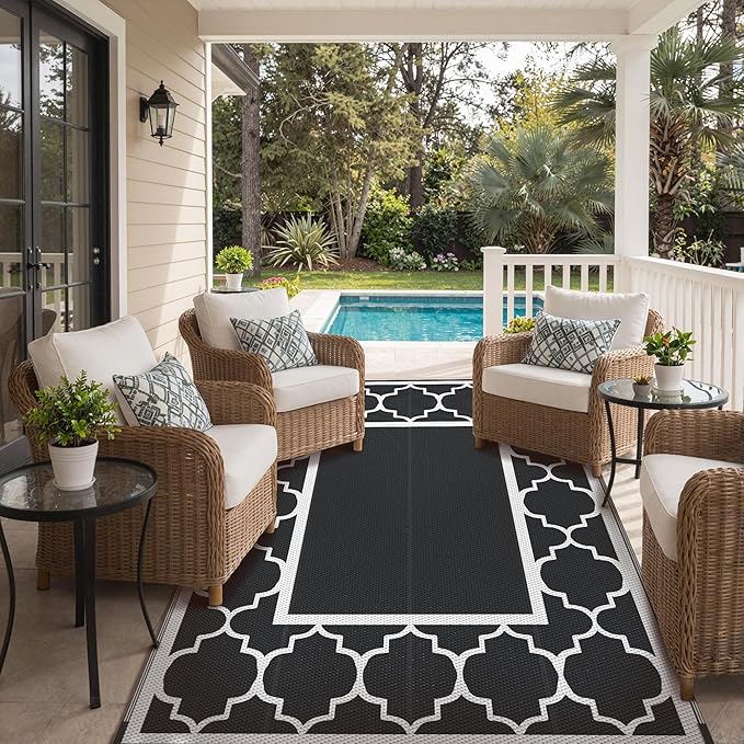 GENIMO 9 ' x 12 ' Outdoor Rug for Patio Clearance, Waterproof Indoor Outdoor Plastic Straw Rugs Carpet, Reversible Outside Area Rv Mat for Camping, Balcony Porch, Deck, Picnic, Beach (Black & White)