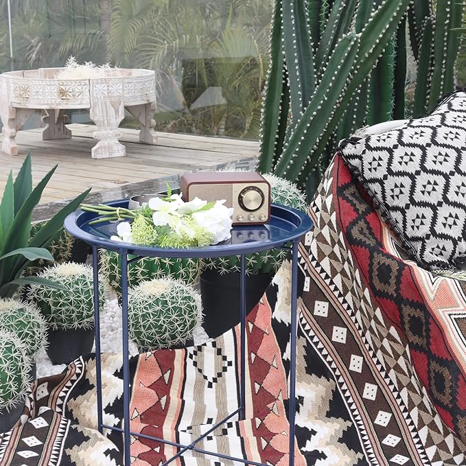 Garden 4 you End Table Metal Side Table Blue Round Folding Tray Cyan Sofa Small Accent Fold-able Table, Round End Table Tray, Next to Sofa Table, Snack Table for Living Room and Bed Room