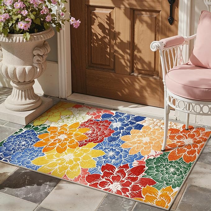 GENIMO Indoor Outdoor Area Rug for Entryway, 3'x5' Entry Rugs Door Mat, Machine Washable, Waterproof, Non-Slip, Easy Cleaning, Floral Outdoor Carpet for Patio Balcony Bedroom Kitchen Deck, Colorful