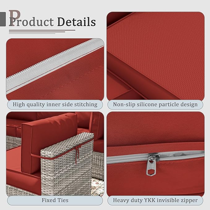 Outdoor Cushions for Patio Furniture with 5 Pillows, Waterproof Patio Furniture Cushions Replacement, 4" Deep Seat Outdoor Sectional Cushions for 4-seat Patio Furniture Chair Sofa Couch,Terra Red