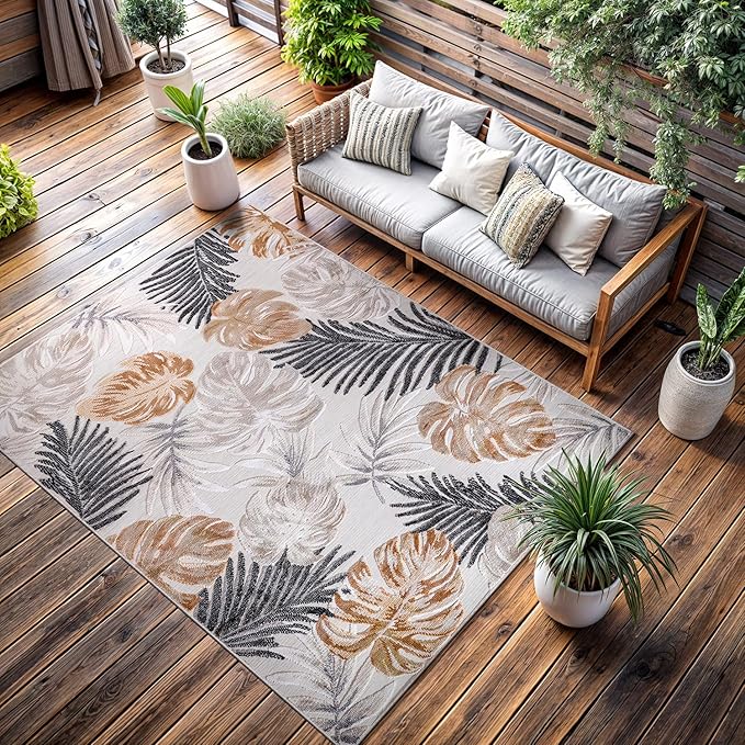 CAMILSON Indoor Outdoor Rug, Yellow 10’x14’ Leaf Tropical Botanical Area Rugs for Indoor and Outdoor patios, Easy-Cleaning Non-Shedding Living Room, Garden and Kitchen Washable Outside Carpet (10x14)