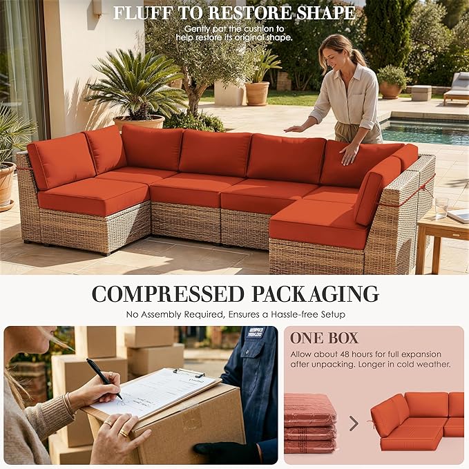 Outdoor Replacement Cushions for Patio Furniture, 5" Foam High-Density, 14-Piece Water-Resistant Outdoor Cushion for 6-Seat Sectional Patio Conversation Sets, Liner&Cover