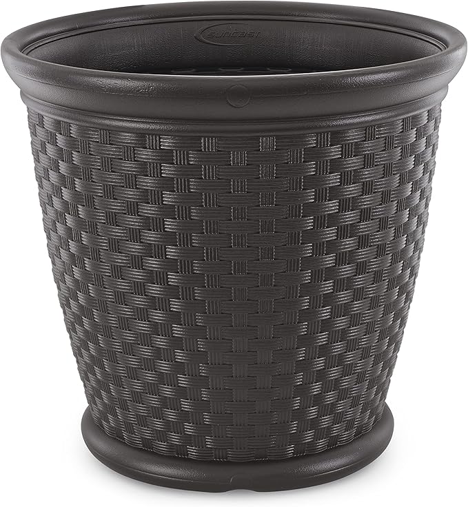 Suncast 2 Pack Sonora 22 Inch Plastic Wicker Indoor or Outdoor Decorative Garden Flower Planter for Entryways, Porch, and Backyard Patios, Dark Brown