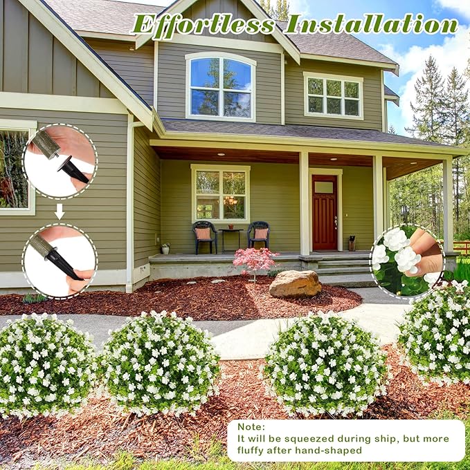 Yunlly 2 Pcs Outdoor Artificial Topiary Ball Trees 22" with Colorful Flowers, Boxwood Fake Bushes Shrubs with Spike, UV Resistant Evergreen Plants for Front Porch Garden Decor (White)