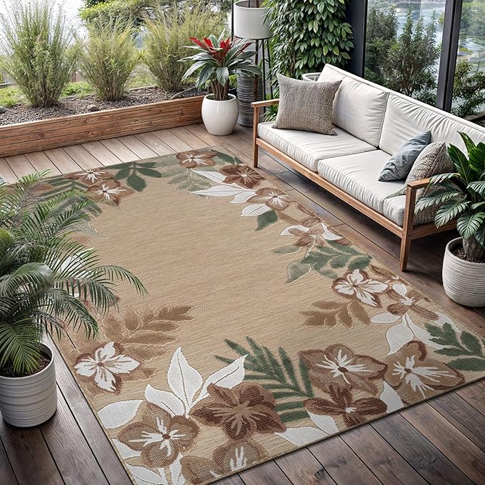 Outdoor Rug 8x10 Washable Area Rugs Indoor Outdoor Carpets Beige Border Floral Non Shedding Waterproof Easy Clean Patio Deck Porch Living Room Bedroom Garden RV (8 X 10 Beige)