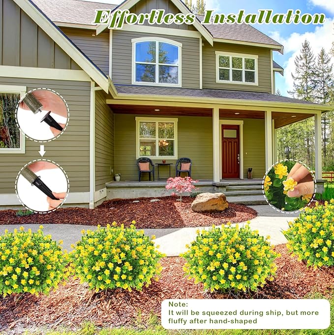 Yunlly 2 Pcs Outdoor Artificial Topiary Ball Trees 22" with Colorful Flowers, Boxwood Fake Bushes Shrubs with Spike, UV Resistant Evergreen Plants for Front Porch Garden Decor (Yellow)