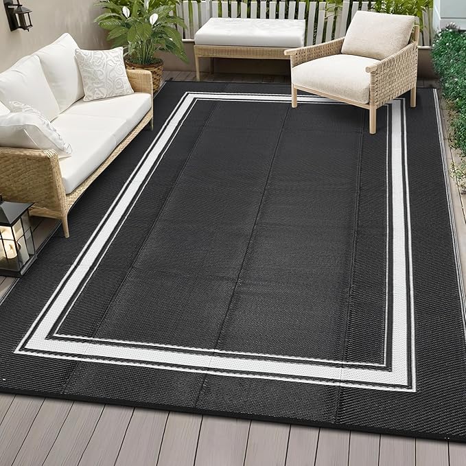 COZYLOOM Outdoor Rug 8x10 Patio Rugs Waterproof Plastic Straw Rug Reversible UV Resistant Camping Mat, Foldable Lightweight RV Picnic Mat with Portable Bag, Modern Border Outdoor Carpet for Yard,Black