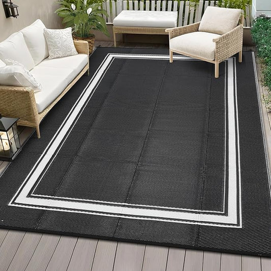 COZYLOOM Outdoor Plastic Straw Rug 9x12 UV Resistant Waterproof Patio Rug, Reversible RV Camping Mat with Portable Bag & 4 Stakes, Modern Bordered Indoor Outdoor Rugs for Balcony Deck Yard, Black
