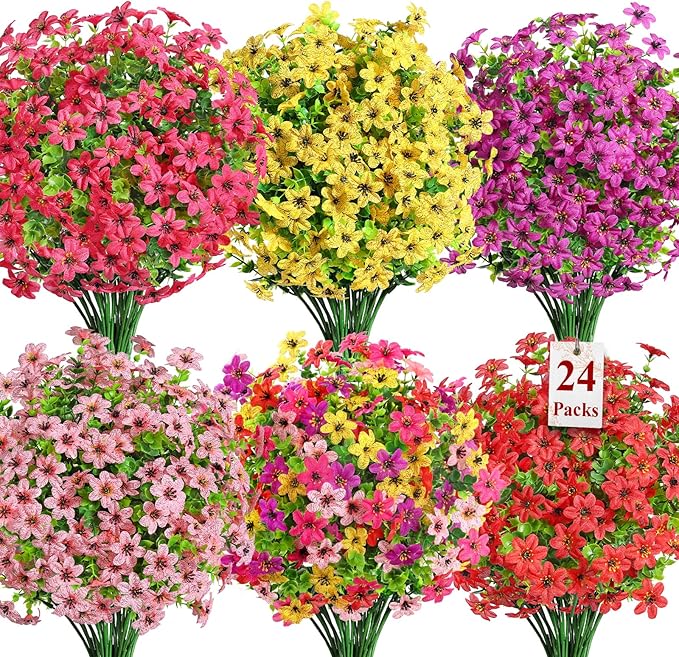 SHareconn 24 Bundles Artificial Flowers for Outdoors Spring Decoration, Fake Silk Realistic Faux Plants UV Resistant for Outside Planter Porch Patio Indoor Decor, RedRosePurpleYellowPink