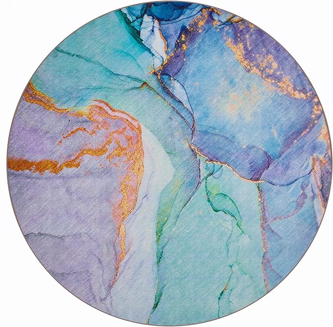 Abstract Washable Indoor Outdoor Round Rug, 6' x 6', Teal, Stain Resistant, Easy Clean, Modern Teal Patio Rug for Indoor/Outdoor Patio, Deck, Porch, Garden, Courtyard