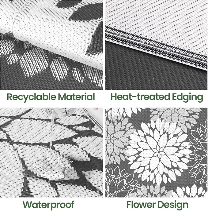 LuxStep Outdoor Rug Waterproof Outdoor Plastic Straw Rug Reversible Patio Rug Mat Outdoor Decor Large Area Mats for RV, Picnic, Backyard, Deck, Balcony, Porch, Beach, 8' x 10' Grey