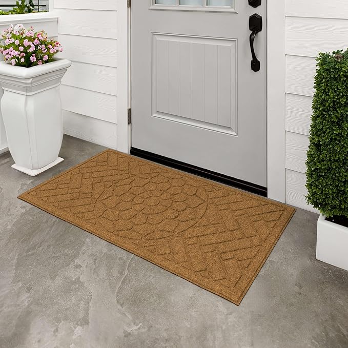 Mohawk Home Entryway Door Mat 2' X 4' All Weather Outdoor Non Slip Recycled Rubber Doormat, Brick Path Impressions Light Brown
