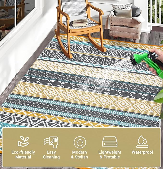 GarveeLife Extra Large Waterproof Outdoor Rug 10x20 UV Resistant Reversible Plastic Straw Rug Modern Geometric Outdoor Patio Rugs for Balcony Backyard, Teal & Yellow