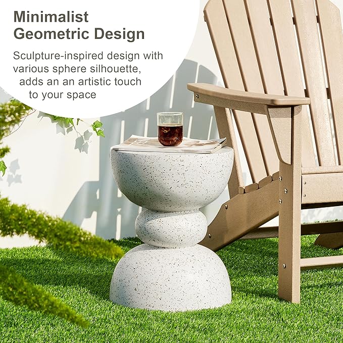 Glitzhome Outdoor Side Tables Set of 2, Heavy Duty Patio Sturdy Faux Terrazzo Decorative Garden Stool Planter Stand for Indoor Covered Outdoor, 17.25" H, Faux White