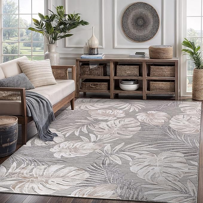 CAMILSON Indoor Outdoor Rug, Beige 5x7 Leaf Tropical Botanical Area Rugs for Indoor and Outdoor patios, Easy-Cleaning Non-Shedding Living Room, Garden and Kitchen Washable Outside Carpet (5 x 7)