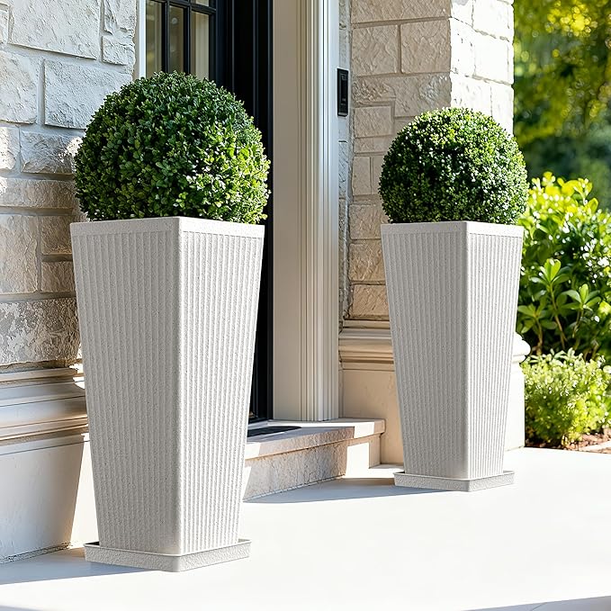 Tapered Tall Planters for Outdoor Plants 2 Pack- 23.6 Inch Heavy-Duty Classic Square Indoor Flower Pots with Drainage Holes/Partition/Tray, Large Outdoor Planters for Porch Patio, White