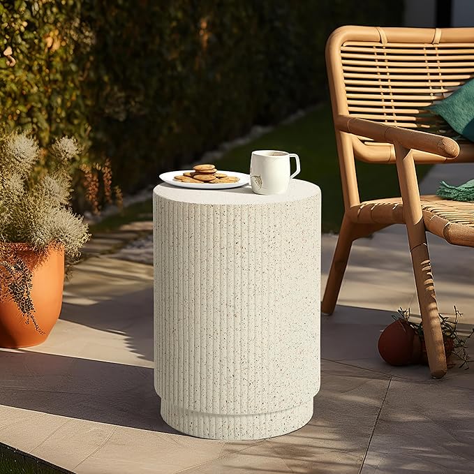 LuxenHome Cream Cement Round Outdoor Side Table, End Tables for Patio, Garden Small Accent Decorative Stool, Plant Stand Drum Table Indoor and Outdoor