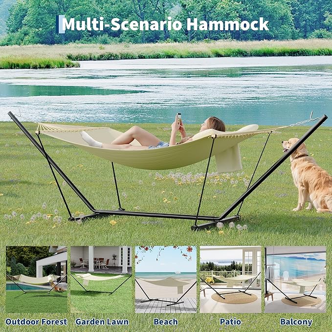 GarveeLife Outdoor Double Hammock with Heavy Duty Adjustable Steel Stand, Portable 2 Person Hammock for Patio Garden Beach Backyard
