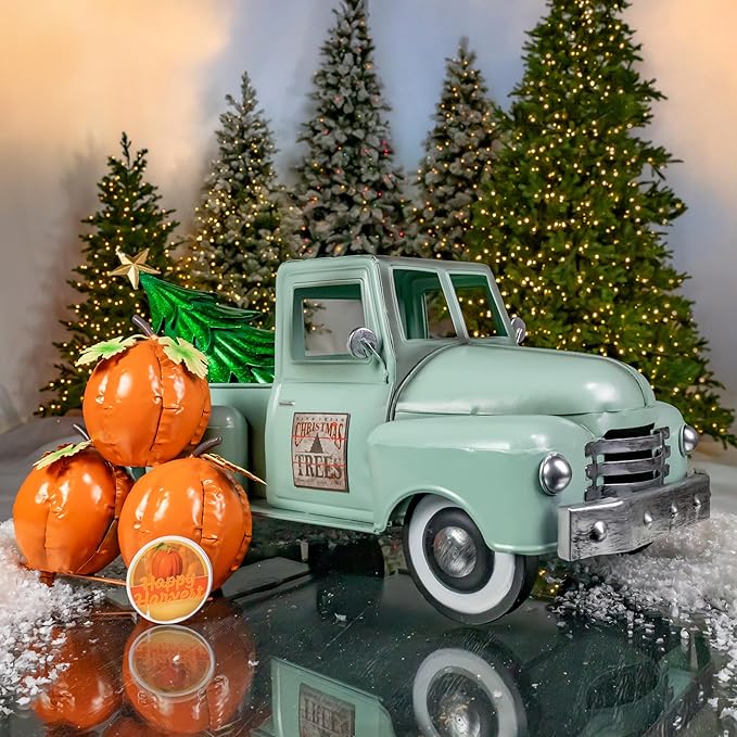 Zaer Ltd. Metal 18.5" Long Multi-Seasonal Christmas and Harvest Pickup Truck with Metal Tree, Pumpkins, and Matching Side-Magnet Sets (Soft Green)