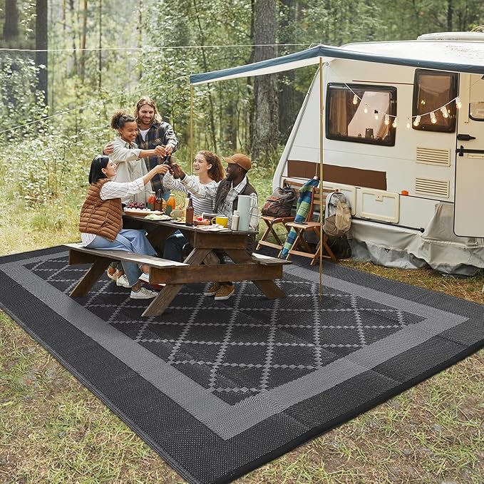 COZYLOOM Outdoor Rug Waterproof 10x14 Reversible Patio Rug, Extra Large Modern RV Camping Carpet, Indoor Outdoor Plastic Straw Mat with Portable Bag & 4 Stakes for Deck Picnic Beach Garden, Black&Grey