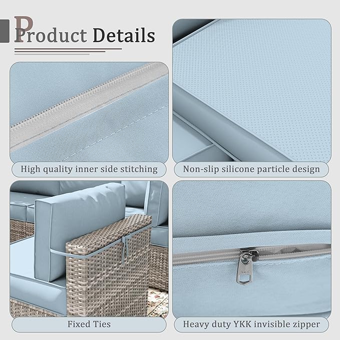 Outdoor Cushions for Patio Furniture with 5 Pillows, Waterproof Patio Furniture Cushions Replacement, 4" Deep Seat Outdoor Sectional Cushions for 4-seat Patio Furniture Chair Sofa Couch,Sky Blue