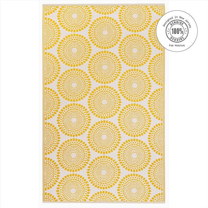 Fab Habitat Outdoor Rug - Waterproof, Fade Resistant, Crease-Free - Premium Recycled Plastic - Floral Medallion - Porch, Deck, Balcony, Mudroom, Laundry Room, Patio - Rio - Yellow - 3 x 5 ft