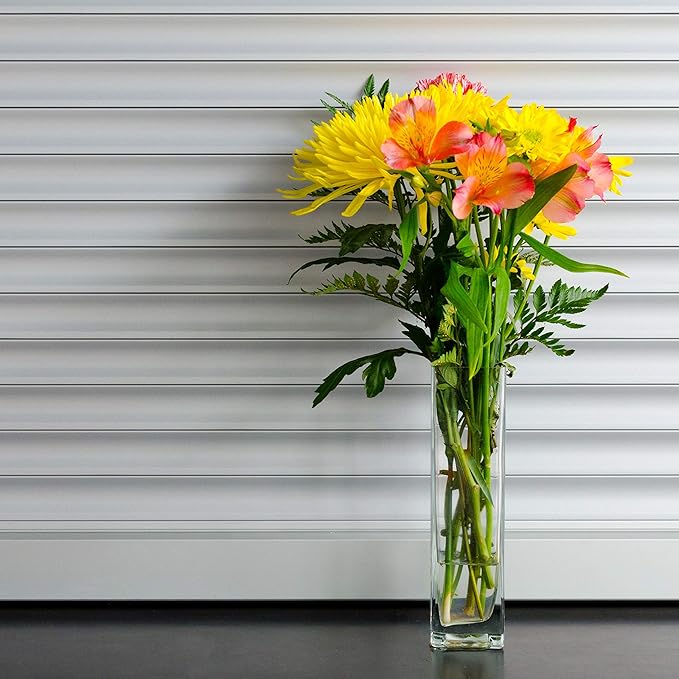 WGV Tall Square Vase Glass Block Bulk, Length 4", Height 12", Clear Bud Floral Container, Candle Holder, Planter Terrarium for Wedding Party Event, Home Office Decor, 12 Pieces