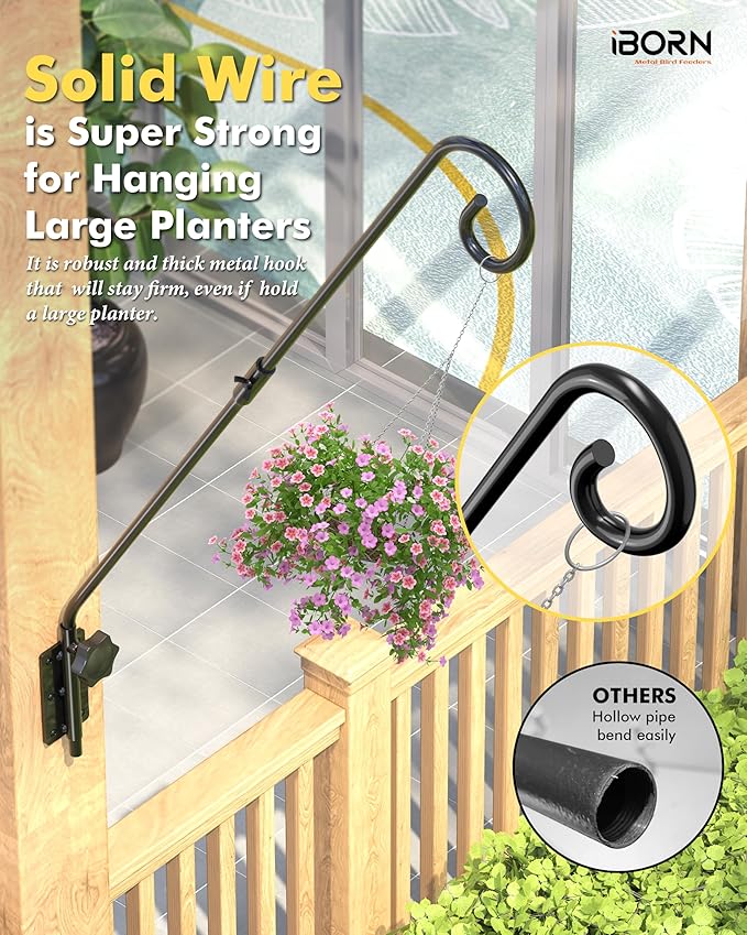 iBorn Wall Mount Deck Hook, 28" Hummingbird Feeder Hanger, Heavy Duty Bird Feeder Pole for Hanging Bird Feeder, Planter, Suet Baskets, Wind Chimes, 180° Rotatable Arm, Solid Wire, Pack of 1