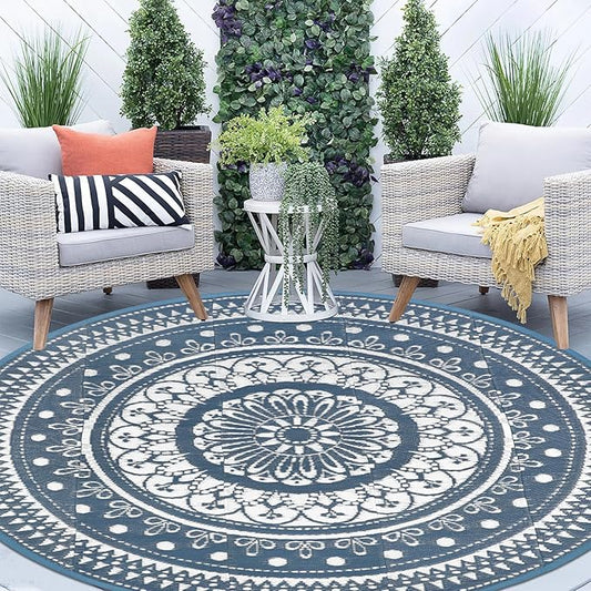 Cekene Round Outdoor Patio Rugs 8Ft Waterproof Reversible Outdoor Rugs with Carry Bags Lightweight Plastic Straw Rugs Portable RV Camping Mat Blue Floor Carpet for Deck Porch Picnic BBQ