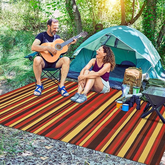 Outdoor Rug 8x10 Waterproof Patio Rugs Colorful Line Reversible Mat for Front Door Rv Foldable Plastic Straw Carpet for Travel Trailers, Deck, Picnic, Camper, Balcony, Beach，Orange/Red