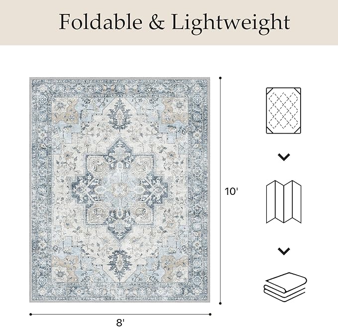 GENIMO Outdoor & Indoor Area Rug 8'x10', Waterproof, Non-Shedding, Easy Cleaning, Boho Mat for Patio, Living Room, Balcony, Dining Room, RV, Deck, Bedroom, Camping, Outside Carpet,Blue
