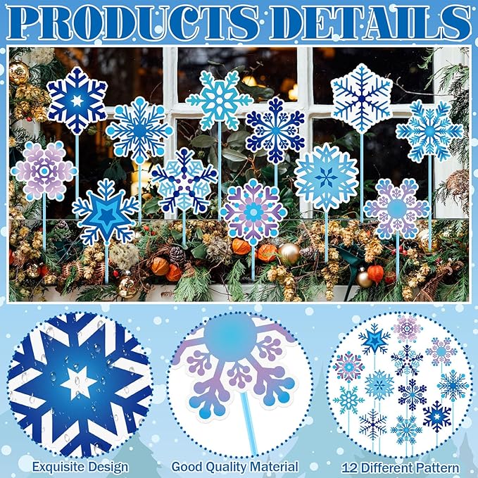 Zonon 12pcs Winter Garden Decorations Winter Snowflake Metal Planter Stakes for Patio Lawn Planter Pot Xmas Nutcracker Gingerbread Yard Stake Signs Outdoor Lawn Decor Party Favor(Snowflake)