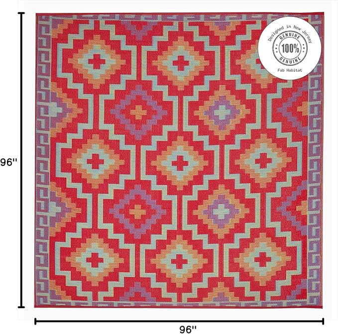 Fab Habitat Outdoor Rug - Waterproof, Fade Resistant, Crease-Free - Premium Recycled Plastic - Vintage Boho Kilim - Large Patio, Deck, Sunroom, Camping, RV - Lhasa - Orange & Violet - 8 x 8 ft