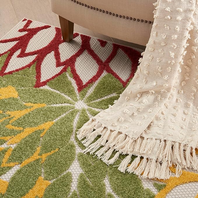 Nourison Home Aloha Indoor/Outdoor Red Multi Colored 6' x 9' Area Rug, Tropical, Botanical, Easy Cleaning, Non Shedding, Bed Room, Living Room, Dining Room, Deck, Backyard, Patio (6x9)